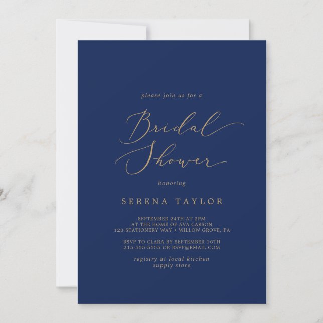 Delicate Gold Calligraphy | Navy Bridal Shower Invitation (Front)