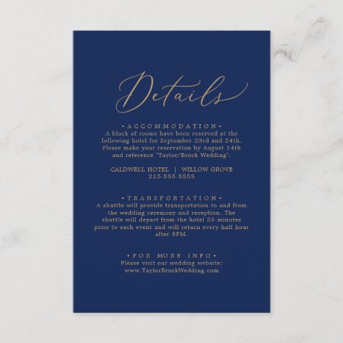 Delicate Gold Calligraphy  Navy Details Enclosure Card