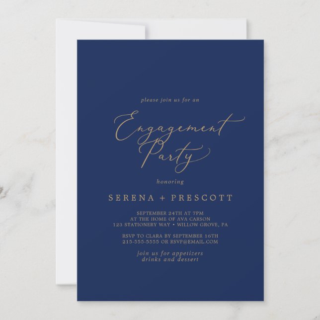 Delicate Gold Calligraphy | Navy Engagement Party Invitation (Front)