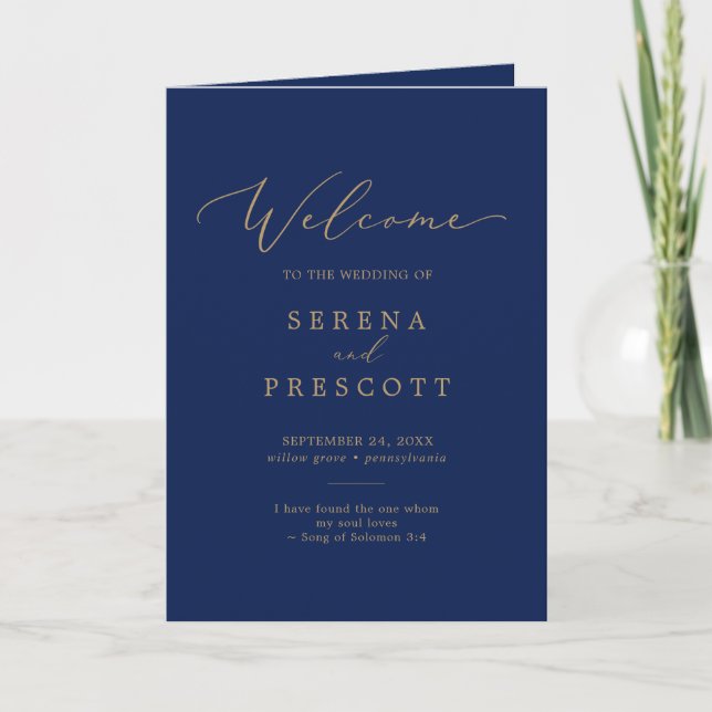 Delicate Gold Calligraphy | Navy Folded Wedding Program (Front)