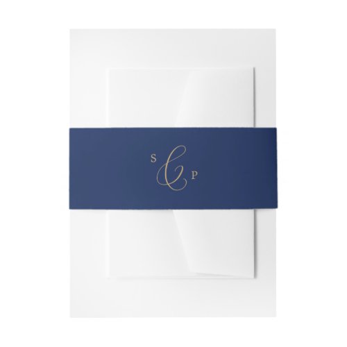 Delicate Gold Calligraphy  Navy Monogram Wedding Invitation Belly Band