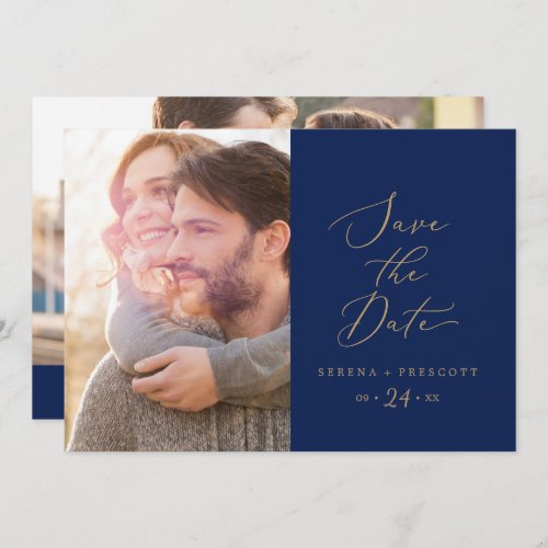 Delicate Gold Calligraphy  Navy Photo Save The Date