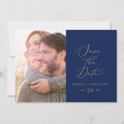 Delicate Gold Calligraphy  Navy Photo Save The Date