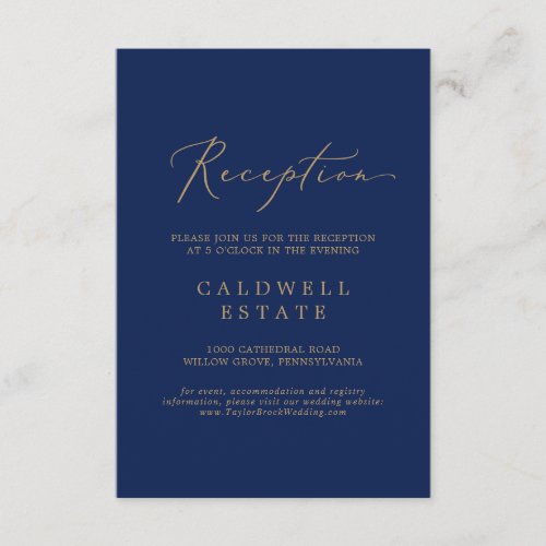 Delicate Gold Calligraphy  Navy Reception Enclosure Card