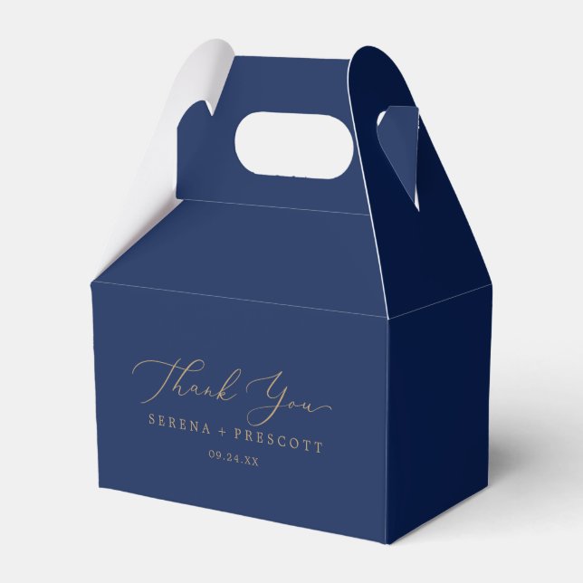 Delicate Gold Calligraphy | Navy Thank You Favor Boxes (Front Side)