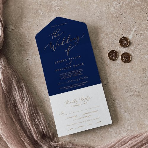 Delicate Gold Calligraphy  Navy Wedding All In One Invitation