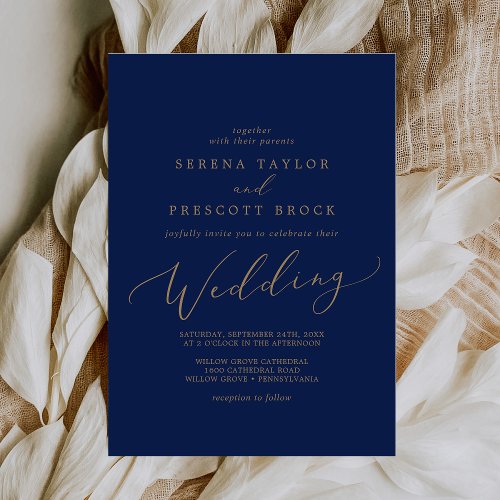 Delicate Gold Calligraphy  Navy Wedding Invitation