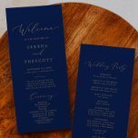Delicate Gold Calligraphy | Navy Wedding Program<br><div class="desc">This delicate gold calligraphy navy wedding party program is perfect for a modern wedding. The romantic minimalist design features lovely and elegant champagne golden yellow typography on a navy blue background with a clean and simple look. Include the name of the bride and groom, the wedding date and location, thank...</div>