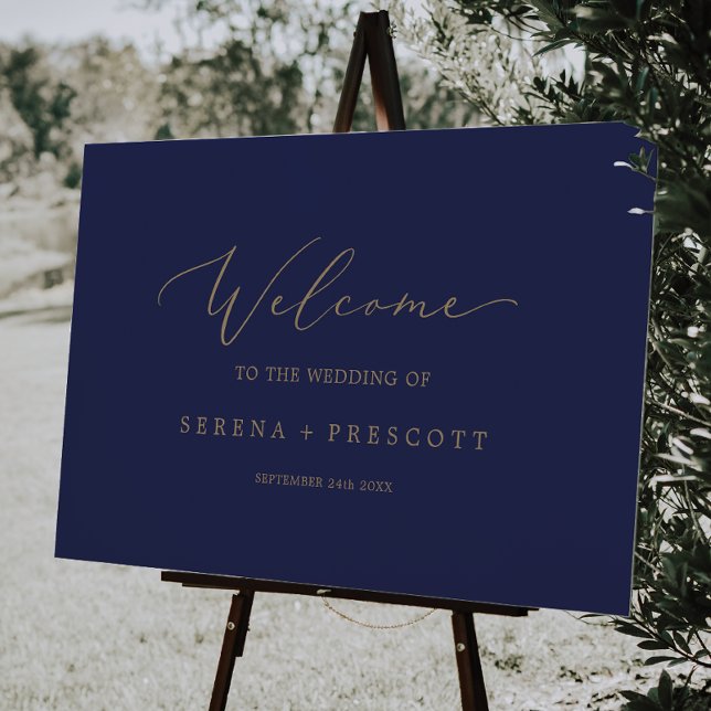 Delicate Gold Calligraphy | Navy Wedding Welcome Foam Board (Creator Uploaded)