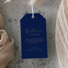 Delicate Gold Calligraphy | Navy Wedding Welcome Gift Tags