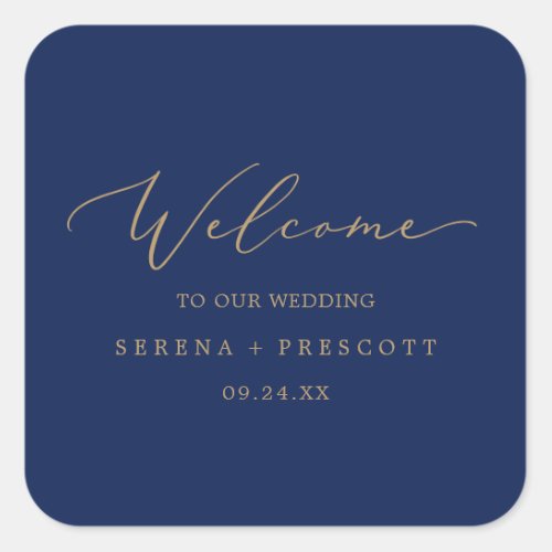 Delicate Gold Calligraphy  Navy Wedding Welcome Square Sticker