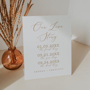 Delicate Gold Calligraphy Our Love Story Wedding Pedestal Sign by FreshAndYummy at Zazzle