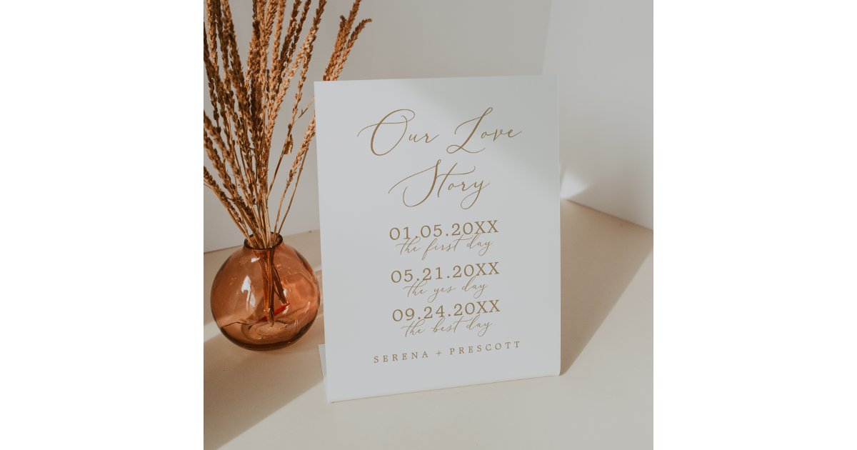 Delicate Gold Calligraphy Our Love Story Wedding Pedestal Sign