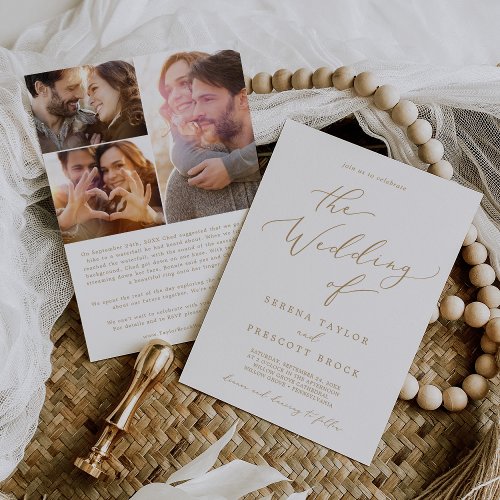 Delicate Gold Calligraphy Proposal Story Wedding Invitation
