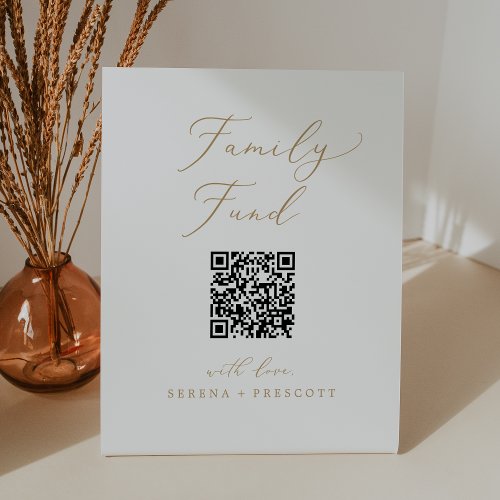 Delicate Gold Calligraphy QR Code Family Fund Pedestal Sign