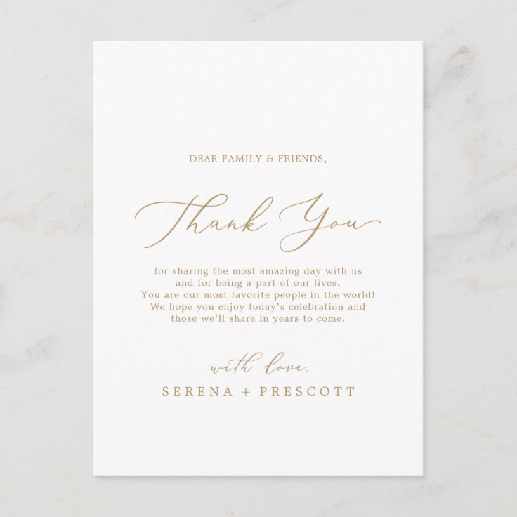 Delicate Gold Calligraphy Thank You Reception Card | Zazzle