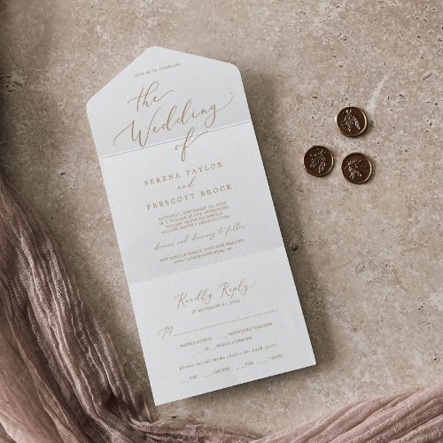 Delicate Gold Calligraphy Wedding All In One Invitation