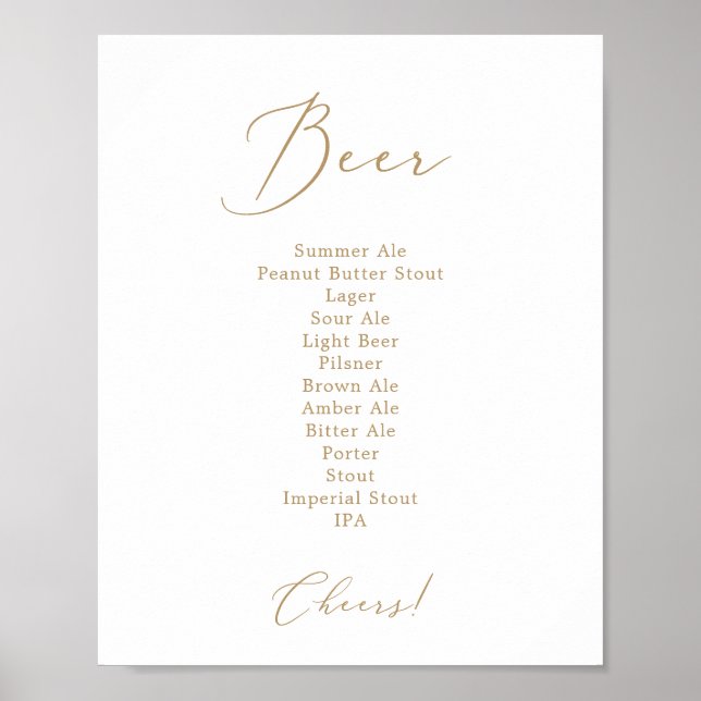 Delicate Gold Calligraphy Wedding Beer Menu Sign (Front)