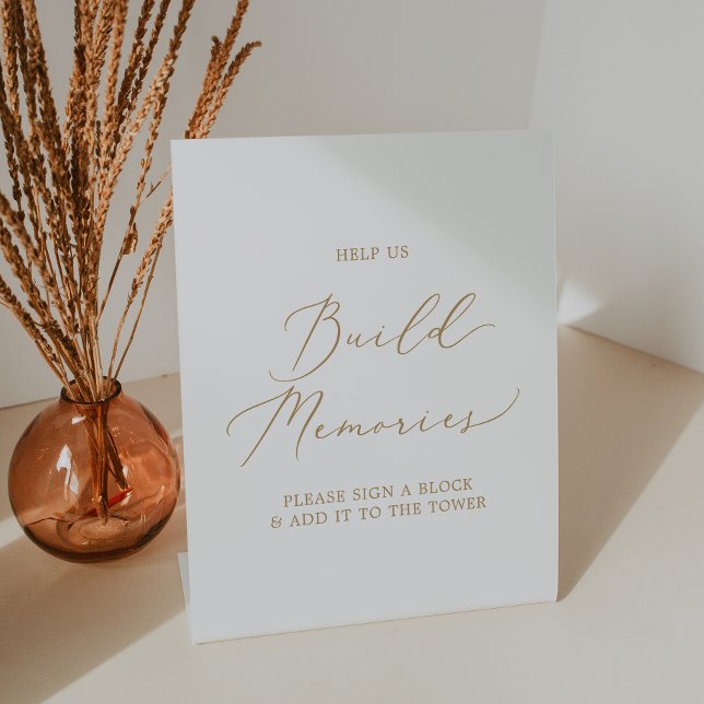 Delicate Gold Calligraphy Wedding Build Memories Pedestal Sign (Creator Uploaded)
