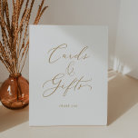 Delicate Gold Calligraphy Wedding Cards and Gifts Pedestal Sign<br><div class="desc">This delicate gold calligraphy wedding cards and gifts pedestal sign is perfect for a modern wedding or bridal shower. The romantic minimalist design features lovely and elegant champagne golden yellow typography on a white background with a clean and simple look. The line of text at the bottom of the sign...</div>