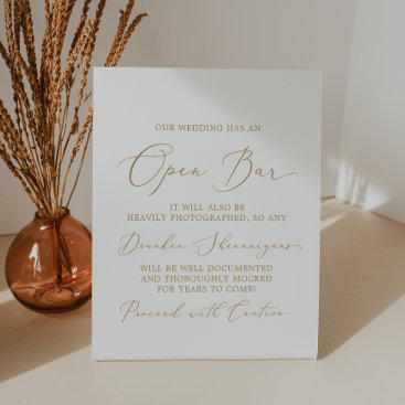 Delicate Gold Calligraphy Wedding Caution Open Bar Pedestal Sign