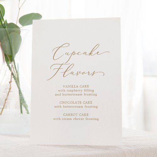 Delicate Gold Calligraphy Wedding Cupcake Flavors Pedestal Sign