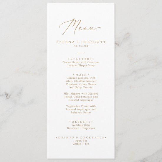 Delicate Gold Calligraphy Wedding Dinner Menu