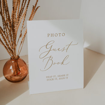 Delicate Gold Calligraphy Wedding Photo Guest Book Pedestal Sign by FreshAndYummy at Zazzle