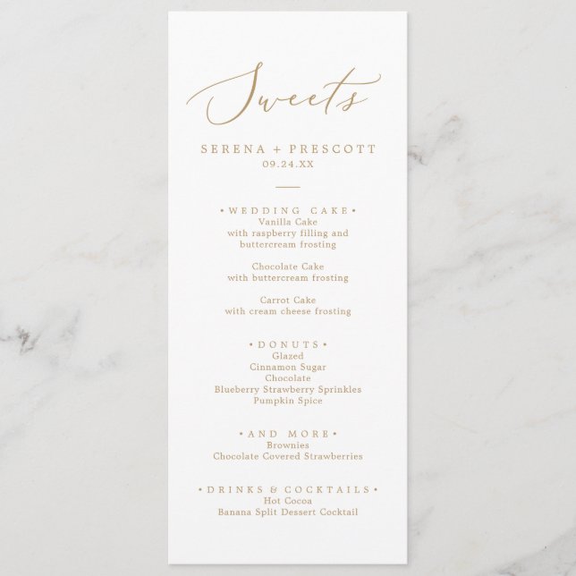 Delicate Gold Calligraphy Wedding Sweets Menu (Front)