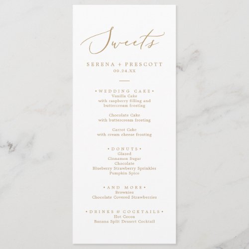 Delicate Gold Calligraphy Wedding Sweets Menu
