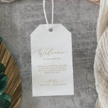 Delicate Gold Calligraphy Wedding Welcome Gift Tags<br><div class="desc">These delicate gold calligraphy wedding welcome gift tags are perfect for a modern wedding. The romantic minimalist design features lovely and elegant champagne golden yellow typography on a white background with a clean and simple look. Personalize the tags with the location of your wedding, a short welcome note, your names,...</div>
