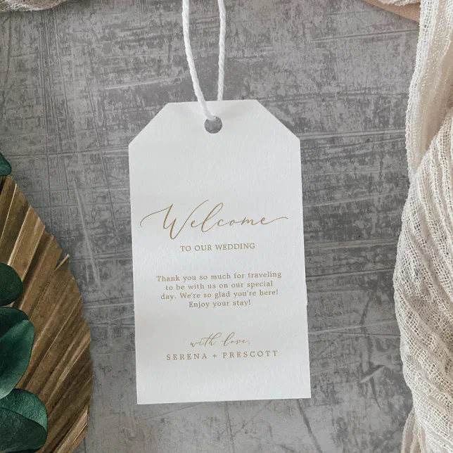 Delicate Gold Calligraphy Wedding Welcome Gift Tags | Zazzle