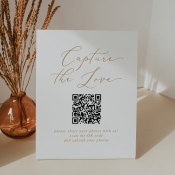 Delicate Gold Capture The Love Qr Code Wedding Pedestal Sign by FreshAndYummy at Zazzle
