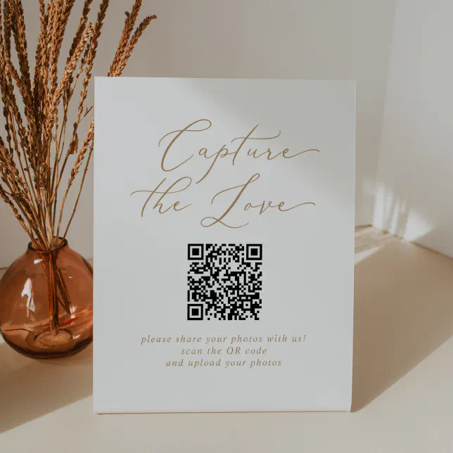 Delicate Gold Capture The Love QR Code Wedding Pedestal Sign | Zazzle