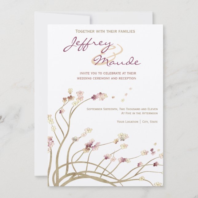 Delicate Gold Cherry Blossom Wedding Invitation (Front)