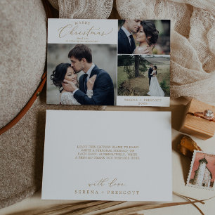 Delicate Gold Christmas Wedding Photo Thank You Ho Holiday Card