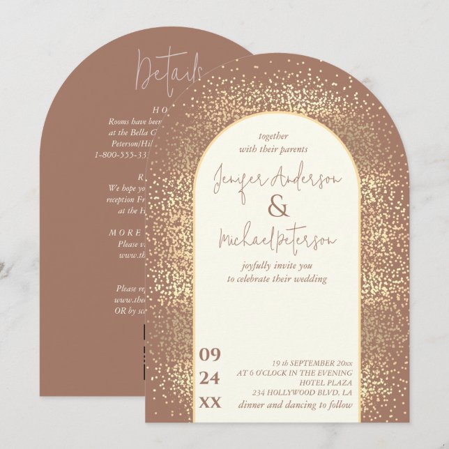 Delicate gold confetti mocha mouse all in one invitation (Front/Back)