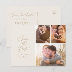 Delicate Gold Cream 3 Photo Collage Save the Date Invitation Postcard