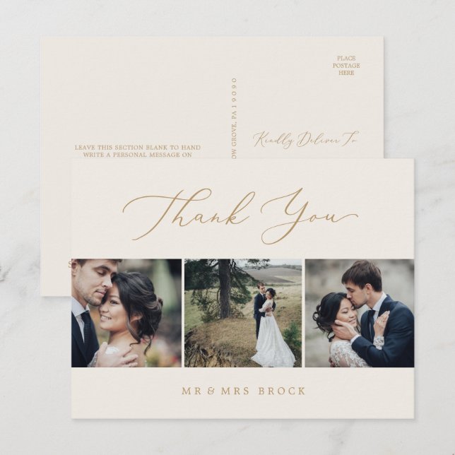 Delicate Gold Cream 3 Photo Template Thank You Postcard (Front/Back)