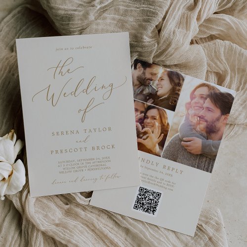Delicate Gold Cream Photo Collage QR Code Wedding Invitation