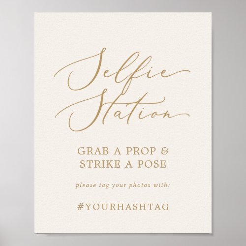 Delicate Gold Cream Selfie Station Wedding Hashtag Poster