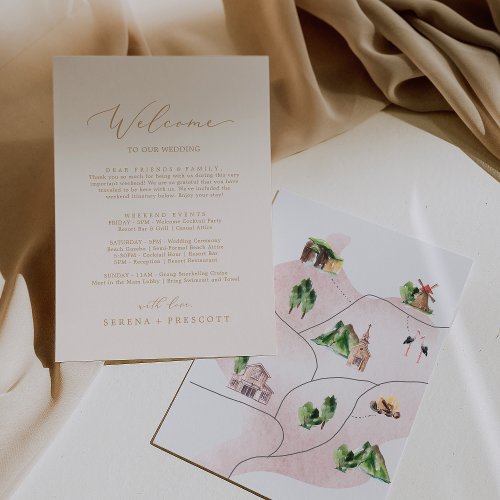 Delicate Gold Cream Welcome Letter Itinerary  Map
