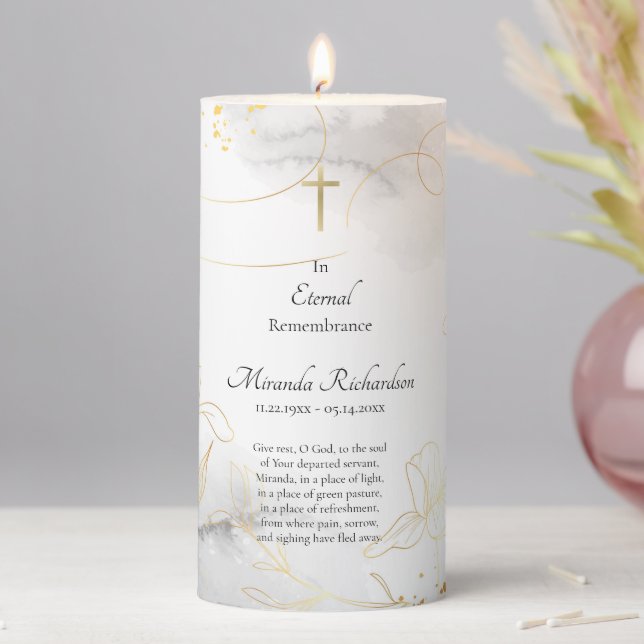 Delicate Gold Flowers Memorial Prayer  Pillar Candle (In Situ)