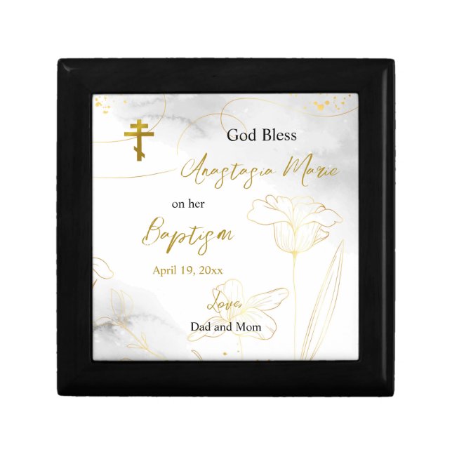 Delicate Gold Flowers Orthodox Baptism Keepsake Gift Box (Front)