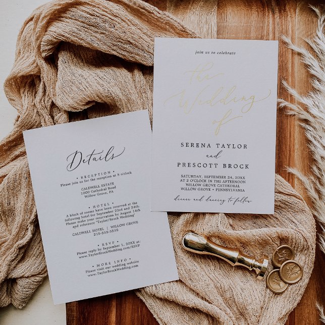 Delicate Gold Foil and Black Front Back Wedding Foil Invitation (Creator Uploaded)