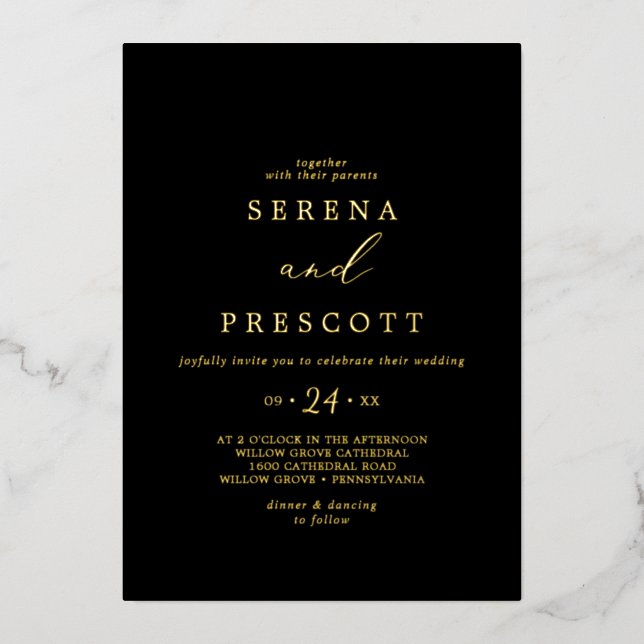 Delicate Gold Foil | Black Casual Wedding Invitation (Front)