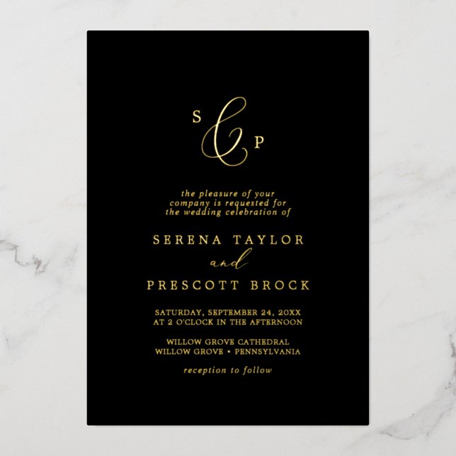 Delicate Gold Foil | Black Formal Monogram Wedding Foil Invitation (Front)
