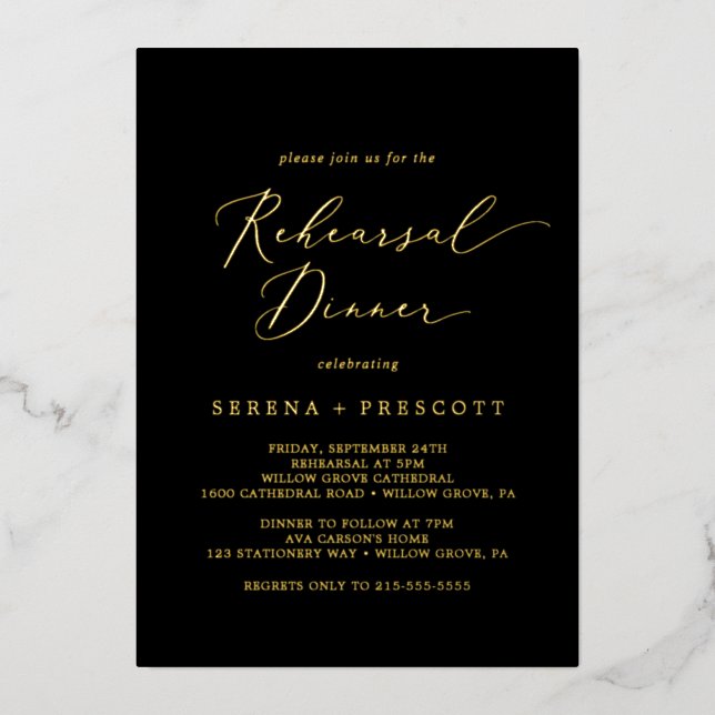 Delicate Gold Foil | Black Rehearsal Dinner Foil Invitation (Front)