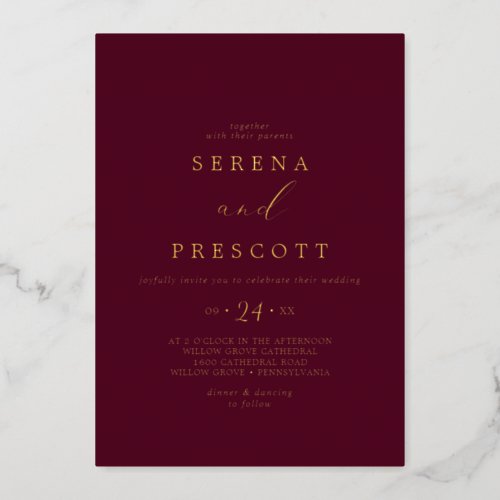 Delicate Gold Foil  Burgundy Casual Wedding Foil Invitation