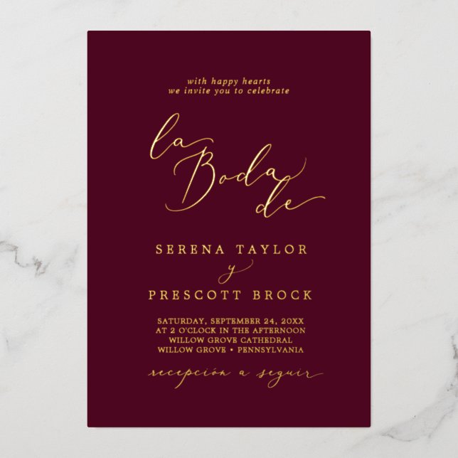 Delicate Gold Foil | Burgundy La Boda De Wedding Foil Invitation (Front)